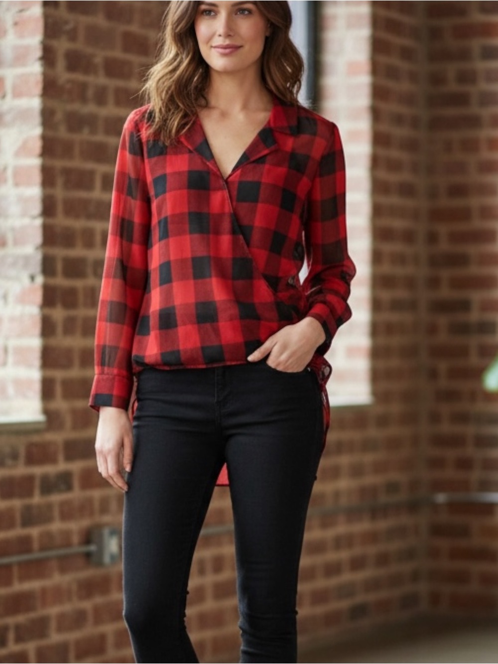 BAR lll Women's Metallic Buffalo Plaid Surplice High-Low Tunic Top (S)